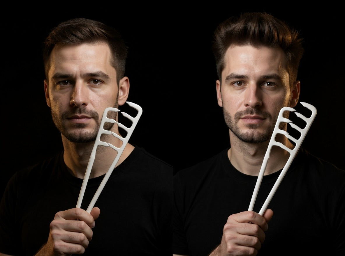 Pieptene HairLift folosit pe păr masculin — volum natural
